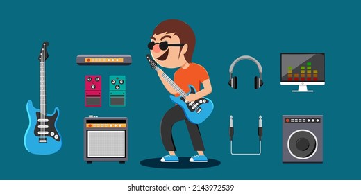 Young bassist man in glasses with bass and equipment in work, speaker, headphone, monitor, electric tuner or sound effect in cartoon style for graphic designer