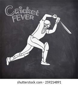 Young batsman in playing action on chalkboard background for Cricket Fever.