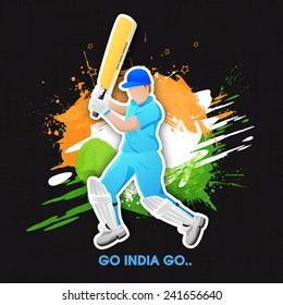 Young batsman in playing action with text Go India Go on national flag color splash background.