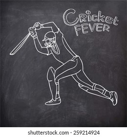 Young batsman in playing action with text Cricket Fever created by white chalk on chalkboard background.