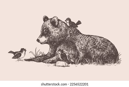 Young bear communicates with forest birds. Vector vintage illustration. Best friends.
 