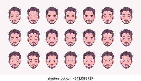 Hombre barba joven, conjunto de emoción masculina guapo, paquete de apariencia de hombre de negocios retrato. Diferentes iconos lindos de la cara bonita, positivo, negativo expresión facial característica pic. Círculos de ilustración vectorial