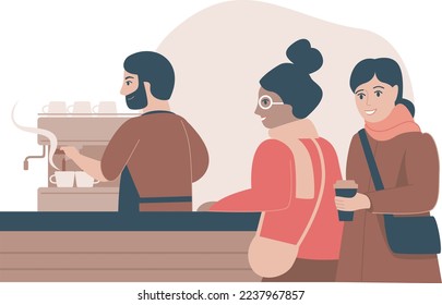 Young bearded barista making hot coffee for customers in a coffee house. Flat vector characters
