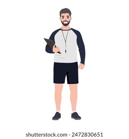 Joven entrenador de béisbol barbudo con un silbato alrededor de su cuello y un Portapapeles. Ilustración vectorial plana aislada sobre fondo blanco