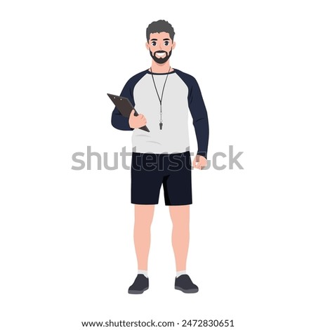 Young bearded baseball coach with a whistle around his neck and a clipboard. Flat vector illustration isolated on white background