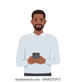 Joven negro barbudo usando el teléfono móvil. Ilustración vectorial plana aislada sobre fondo blanco