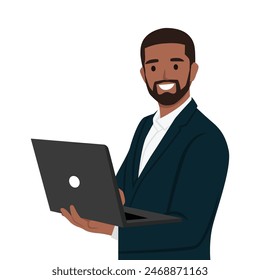 Young bearded business man in suit using laptop computer on hand. Flat vector illustration isolated on white background