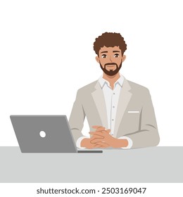 Young bearded businessman with business plan. Flat vector illustration isolated on white background