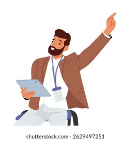 Young bearded businessman cartoon character answering question pointing with raised hand aside isolated on white background. Man entrepreneur participating business conference vector illustration