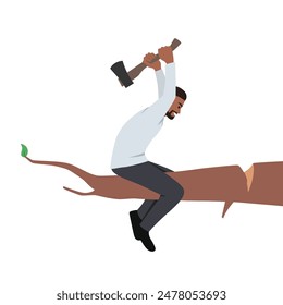 Young bearded businessman cutting the branch on which he sits using axe. Flat vector illustration isolated on white background