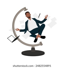 Young bearded businessman executive in nice suit meditating and levitating. Flat vector illustration isolated on white background