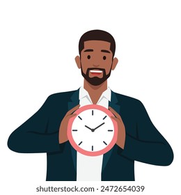 Young bearded businessman holding a clock. Time management concept. Flat vector illustration isolated on white background