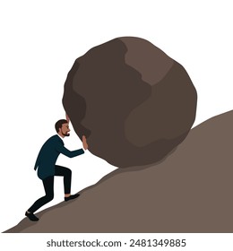 Young bearded businessman pushing a big boulder to the top. Flat vector illustration isolated on white background