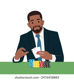 Young bearded businessman wearing suit Playing poker. Flat vector illustration isolated on white background