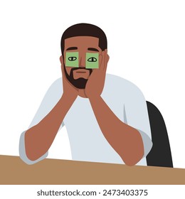 Young bearded businessman working late in an office with adhesive notes covering his eyes. Flat vector illustration isolated on white background