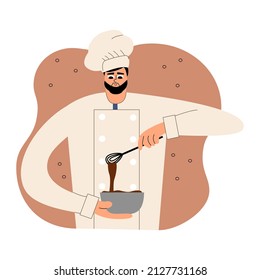 A young bearded chef prepares chocolate. Chocolatier. The chef cooking a sweet choco. Vector flat illustration