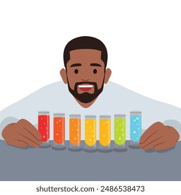 Young bearded concentrated scientist looking at test tubes with multi colored liquid. Flat vector illustration isolated on white background