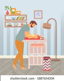 A young bearded father swaddles his baby on a changing table. Baby Care Spend time together. Household chores, parental duty. Cozy bedroom or living room. Flat happy family fatherhood concept