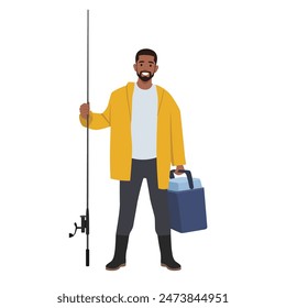 Young bearded fisherman holding a fishing rod and a fridge. Flat vector illustration isolated on white background