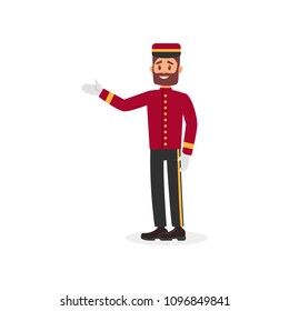 Young bearded guy in bellboy uniform. Employee of hotel service. Colorful flat vector design