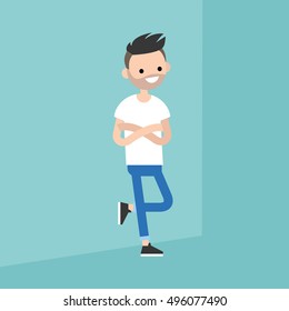 Young bearded guy leaning against the wall / editable flat vector illustration