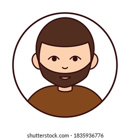 young bearded guy portrait cartoon, round line icon vector illustration