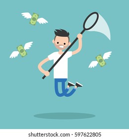Young bearded guy trying to catch money with a nettle. Business concept / flat editable vector illustration, clip art