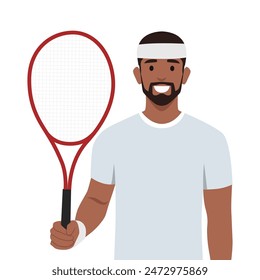 Young bearded handsome male tennis player standing. Flat vector illustration isolated on white background