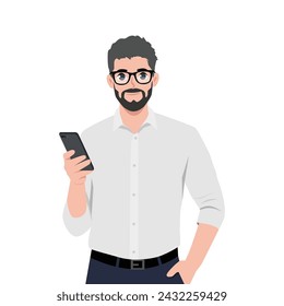 Young Bearded happy man is holding a smartphone with one hand inside pocket. Flat vector illustration isolated on white background