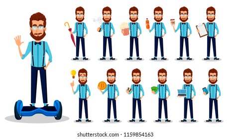Young bearded hipster man in glasses. Handsome cartoon character, set of thirteen poses. Vector illustration on white background.
