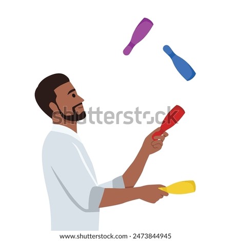 Young bearded juggler man juggling with clubs. Flat vector illustration isolated on white background