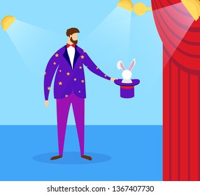 Young Bearded Magician in Bright Costume Holding Top Hat with Bunny on Circus Stage with Spotlights and Backstage. Magical Entertainment, Amazing Performance, Trick. Cartoon Flat Vector Illustration.