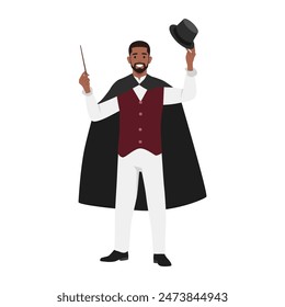 Young bearded Magician with his magic wand. Flat vector illustration isolated on white background