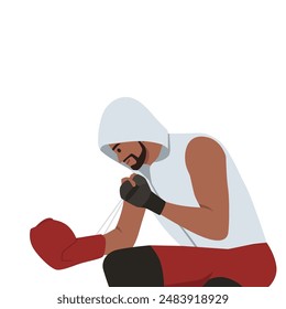 Young bearded male boxer puts on gloves. Flat vector illustration isolated on white background