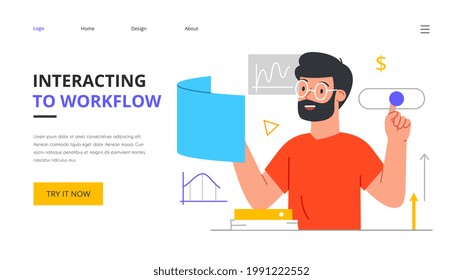 Carácter masculino barbudo joven que interactúa con las operaciones de flujo de trabajo. Optimización de procesos, gestión, conceptos de control de productividad de la fuerza laboral. Ilustración vectorial de dibujos animados planos. Plantilla de página de inicio