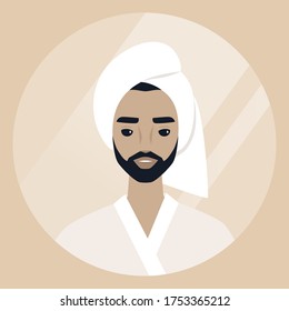 Young bearded male character wearing a towel wrapped at the side of their head, daily body care routine