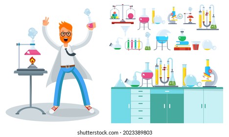 Young bearded male scientist in the laboratory. Chemist rejoices at the successful experiment. Professor in the laboratory. Laboratory equipment and instruments. Flat vector illustration.