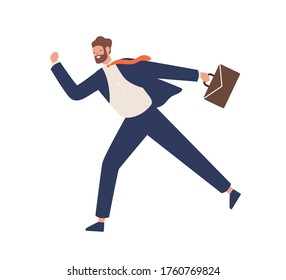 Young bearded male in suit running hold suitcase vector flat illustration. Active funny businessman in hurry or haste isolated on white background. Smiling rush trendy office worker