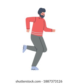Young Bearded Male Trotting and Running Ahead in a Hurry Vector Illustration