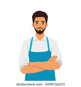 Young bearded man bartender barista in apron with arms crossed looking. Flat vector illustration isolated on white background