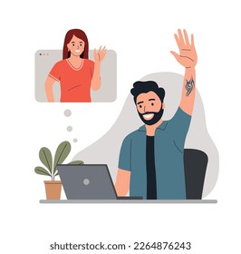 Young bearded man before the laptop chatting with woman.  Vector flat style cartoon illustration Flat style cartoon vector illustration. 