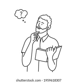 Young bearded man with a book, holding his chin. Hand drawn vector illustration.