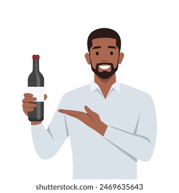 Young bearded man with a bottle of wine. Ask to join him drink. Flat vector illustration isolated on white background