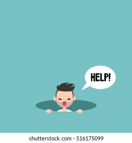 Young bearded man calling for help in the pit / editable flat vector illustration, clip art