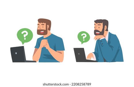 Young Bearded Man Character Asking Question Using Internet Search System on Laptop Vector Set