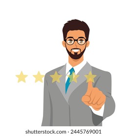 Young bearded man character giving five star rating. Flat vector illustration isolated on white background