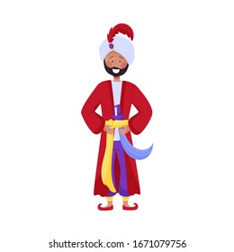 Young Bearded Man Character in Turban Wearing East Clothing Vector Illustration