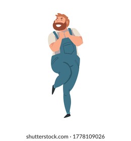 Joven hombre con barba bailando alegremente en la ilustración del vector del concierto