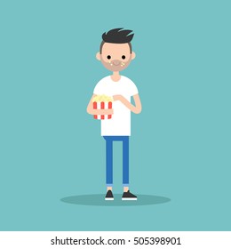 young bearded man chewing popcorn / full length character. flat vector cartoon.