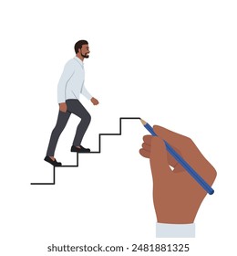 Young bearded man is climbing career ladder. Human hand drawing stairs close up. Flat vector illustration isolated on white background